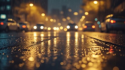 The image captures a calm, nostalgic city street scene after rain, with wet pavement reflecting streetlights and car headlights, blurred cars, and illuminated buildings in soft golden and amber tones.