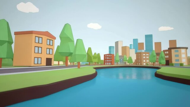 Low-Poly Cityscape: Tranquil River Scene