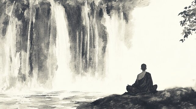 Serene Ink Wash of a Monk Meditating Beneath a Waterfall