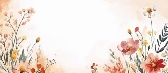 Obraz premium Floral border vector illustration featuring delicate wildflowers in shades of peach, yellow, red, and green. Field flowers and foliage frame with empty text place. Ivitation, greeting card