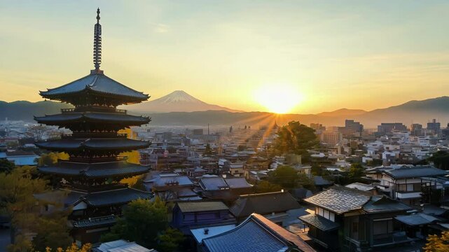 富士山と五重塔の朝焼け