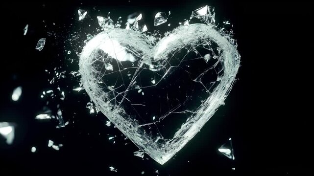 A shattered glass heart with cracks and glints of light slowly disintegrates, losing small shards that float in the air. The composition emphasizes the fragility of the material