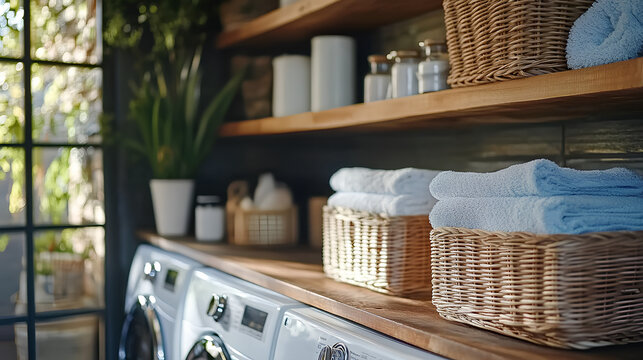 A modern laundry room with neatly folded white towels, woven baskets, and laundry detergent bottles on wooden shelves. A bright and organized home interior