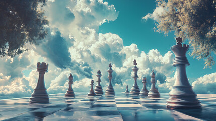 A chess game is set up on the board, with pieces in place for an intense strategic battle.
