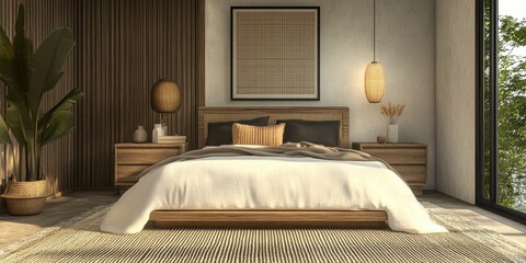 A cozy bedroom displays natural wood and woven textures throughout