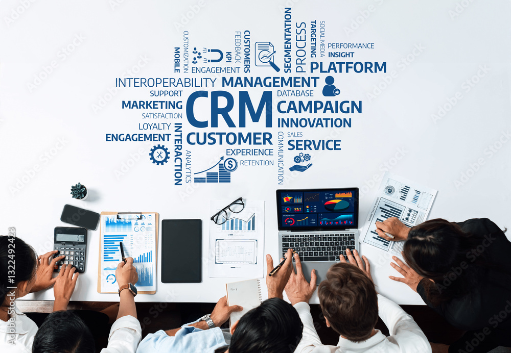Poster a diverse business team collaborates in a modern office setting, utilizing technology and data visua
