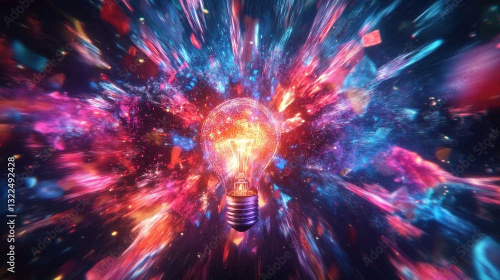 Poster light bulb exploding with colorful particles and light trails creating a vibrant and dynamic visual 