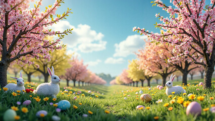 Vibrant Easter Scene in a Blooming Orchard with Colorful Fruit Trees and Festive Decorations for Marketing and Seasonal Promotions