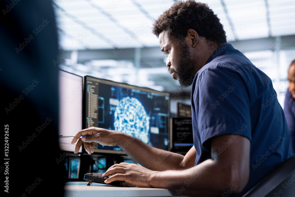 Poster african american man in server farm uses artificial intelligence technology for increased productivi