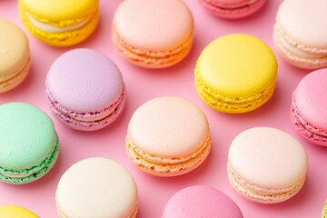 Colorful assorted macarons on pink background: sweet dessert collection