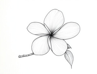 Bold black outline drawing of a tropical plumeria flower set against a white backdrop featuring a continuous line art style 

