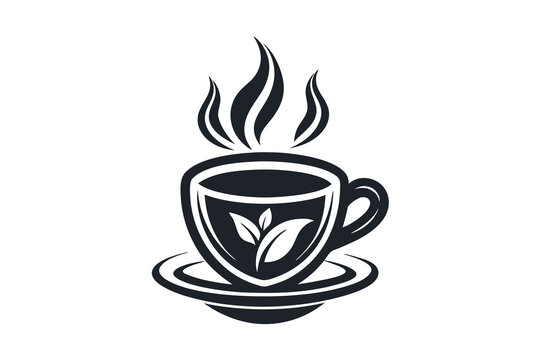 black tea cup logo with steam and leaves clip art preview