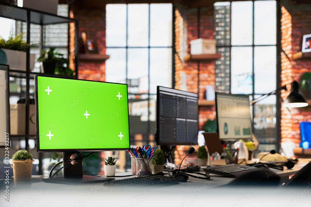 Poster green screen mockup pc monitors in empty call center office where unsatisfied customers call to solv