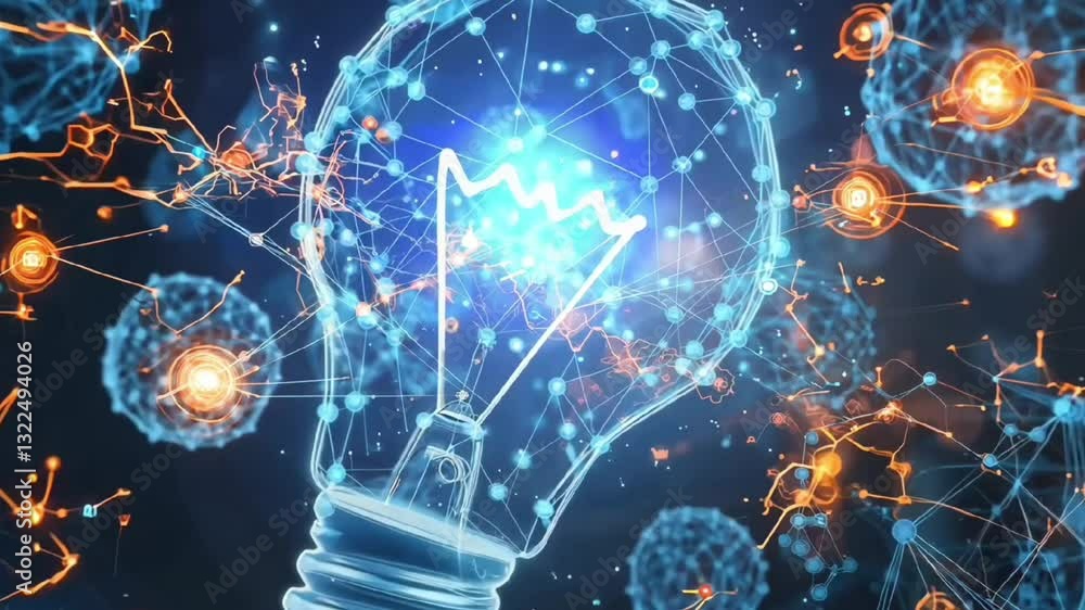 Poster illuminated light bulb with futuristic digital network and glowing particles representing innovation