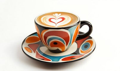 A colorful ceramic coffee cup holding a beverage on saucer