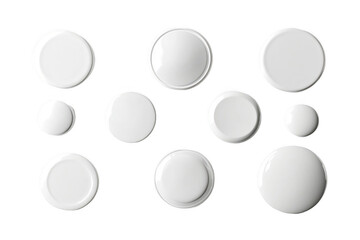 3D render of white, round, square, and circular buttons for a website on an isolated background. Top-view mockup set