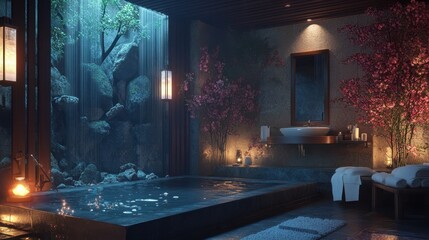 A tranquil indoor spa area features a soaking tub and beautiful scenery