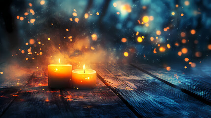 Glowing firefly candles on a wooden table, wooden tables, warm glow,. Firefly Glow. Illustration