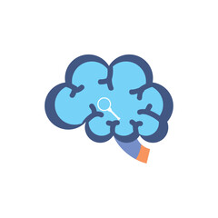 Flat vector illustration of a human brain with a magnifying glass symbolizing mental search, analysis, or cognitive exploration