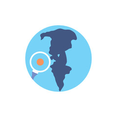 Vector illustration of a globe with a magnifying glass highlighting South America for global analysis, research, or geographic study