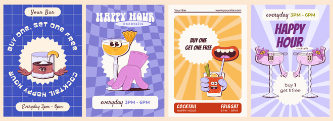 Set of Four Retro Groovy Cartoon Cocktail Flyers with Expressive Faces and Hands. Playful Alcohol Drink Character Vector Illustration. Flyers for Promotion, Happy Hour Deals, Bars.