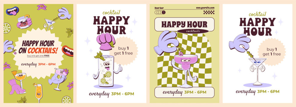 Playful Cartoon Posters with Groovy Retro Cocktail Promotion. Set of Four Alcohol Drink Flyers. Buy One, Get One Free. Vector Illustration for Advertising Drink Specials and Happy Hour Events.