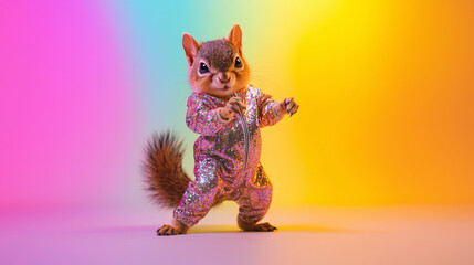 Playful squirrel in retro outfit dancing against vibrant multicolored background. concept of joyful nature, whimsical style, fun fashion, funny animal, humor, disco party. Copy space