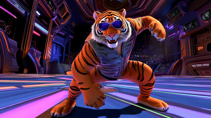 Vibrant illustration of a trendy tiger dancing in a futuristic setting. concept of coolness, wildlife style, energetic . Copy space