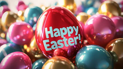 Festive easter abstract background with vibrant colorful eggs and text HAPPY EASTER. concept of holiday celebration, joyful springtime, decorative festivity