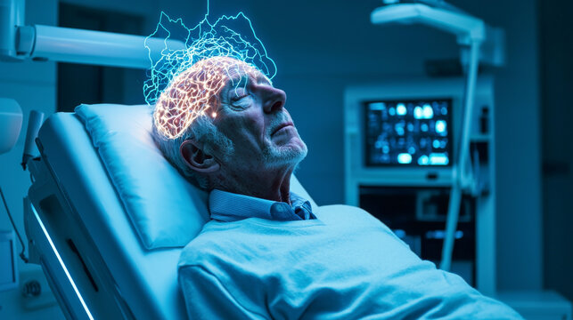 Elderly Man in Hospital Bed Undergoing Advanced Neural Brain Scan with Glowing Digital Network. Medical Technology, Neuroscience, Cognitive Science, Artificial Intelligence, Neurology, Health - Powered by Adobe