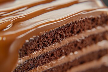 Close up of decadent chocolate cake slice with rich frosting layers