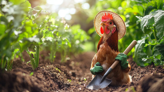 Charming chicken in sun hat with gardening tools in lush vegetable garden. concept of animal farming, humor, nature interaction, bird, Funny animal, humor. Copy space