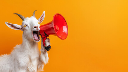 Humorous white goat with red megaphone against vibrant orange background. concept of animal humor, creative communication, Funny pet. Copy space