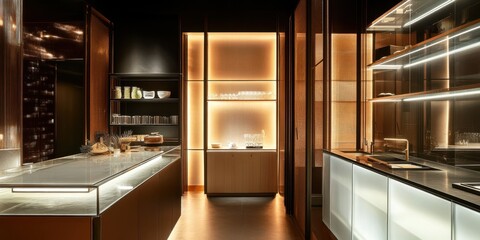 Contemporary kitchen features elegant modern design with built in cabinetry