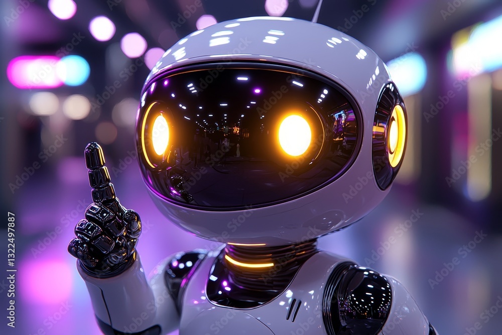 Poster a friendly and tiny robot indicating space. space replicated, stock