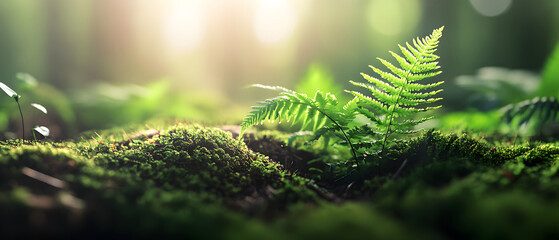 Enchanted Forest with Sunbeams and Lush Greenery