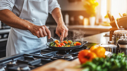 Skilled chef in professional apron preparing dish with fresh vegetables. concept of culinary expertise, cooking passion, gourmet cuisine