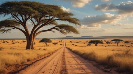 The text describes a vast African savannah landscape with a dusty road, a large acacia tree, golden grasslands, and rolling hills, surrounded by warm sunlight and a partly cloudy blue sky.