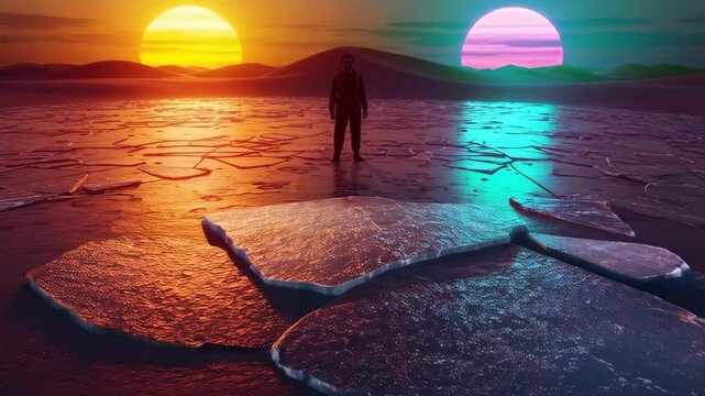 Strange zombie standing in desert ice land with two suns in the horizon. Surreal, dream-like landscape