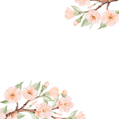 Spring square corner Frame with Blossoming Branch of Peach or Cherry Flowers. Hand drawn watercolor illustration on a white background. Ideal for nature designs, greeting cards and bird Day designs.