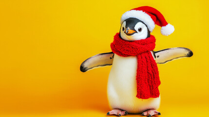Fototapeta premium Adorable penguin bird celebrating christmas in festive santa hat and scarf on yellow background. concept of holiday joy, winter cheer, seasonal festivity, funny animal. Copy space