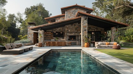 Minimalistic Villa with Natural Pool and Rustic Outdoor Kitchen