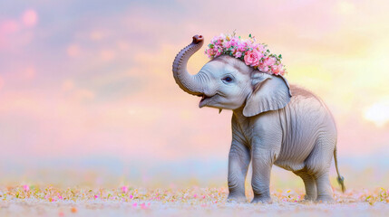 Adorable baby elephant raising trunk with floral crown in colorful landscape. concept of playfulness, nature's beauty, joyful wildlife, Cute Funny Animal, Summer Celebration. Copy space