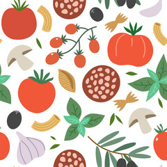 Italian food vector elements for design. Pasta, tomatoes, spices and. mushrooms, hand-drawn illustrations, isolated on white background.