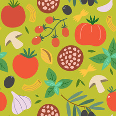 Italian food vector elements for design. Pasta, tomatoes, spices and. mushrooms, hand-drawn illustrations, isolated on white background.