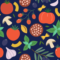 Seamless pattern with Italian food vector elements. Pasta, tomatoes, spices and mushrooms, hand-drawn vector illustration.