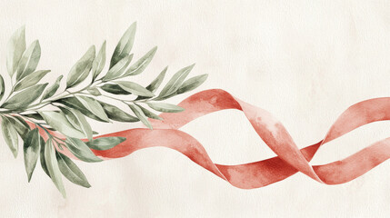 Watercolor olive branch with red ribbon for international workers day. concept of peace, unity, artistic symbolism, painted celebration.