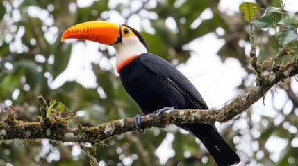 A colorful toucan perched upon a tree branch looking observant