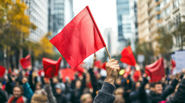 Diverse crowd holding red flags at peaceful international workers day demonstration in urban cityscape. concept of unity, activism, workers' rights, collective protest