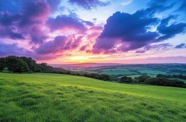 Fototapeta premium Breathtaking Landscape at Sunset Overrolling Hills Filled with Vibrant Green Grass and Colorful Sky with Dramatic Clouds in a Rural Setting